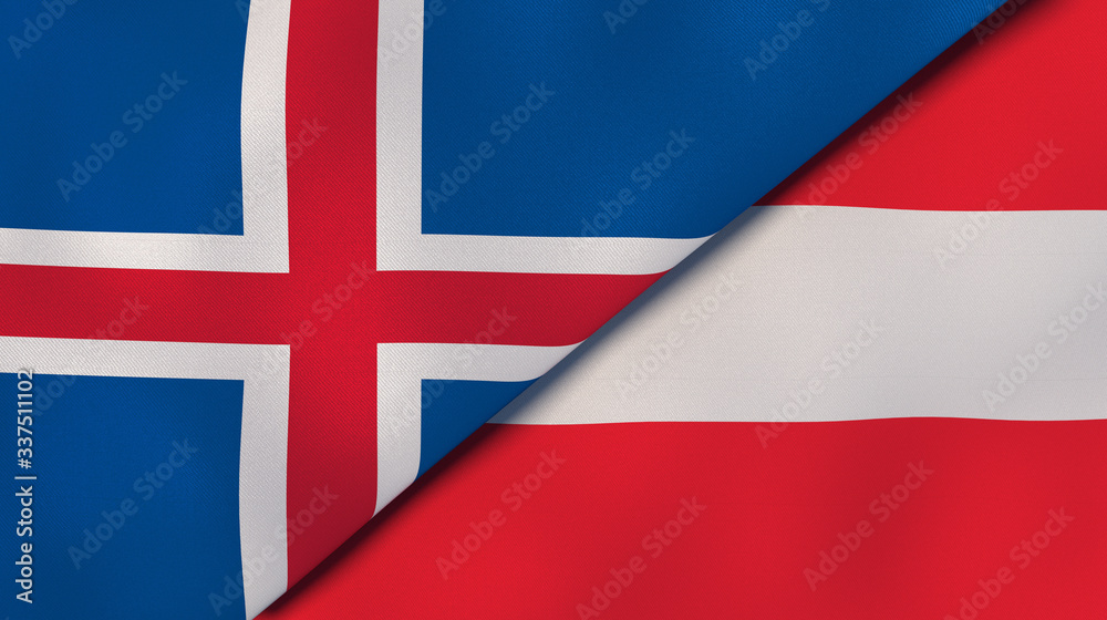 Obraz premium The flags of Iceland and Austria. News, reportage, business background. 3d illustration