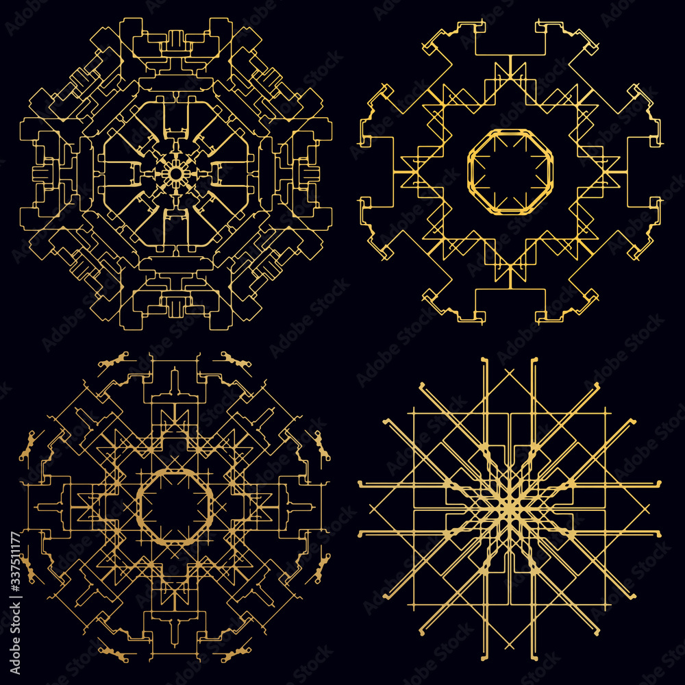 Fototapeta Decorative ornate snowflake looking like Indian round lace mandala. Vintage pattern. Invitation, wedding card, scrapbooking. Christmas card design. Gold over black.