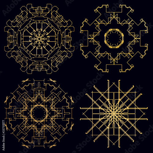 Decorative ornate snowflake looking like Indian round lace mandala. Vintage pattern. Invitation, wedding card, scrapbooking. Christmas card design. Gold over black.