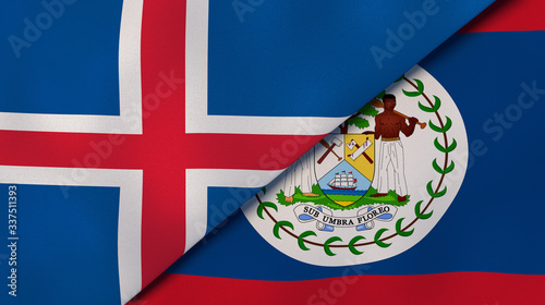 The flags of Iceland and Belize. News, reportage, business background. 3d illustration photo