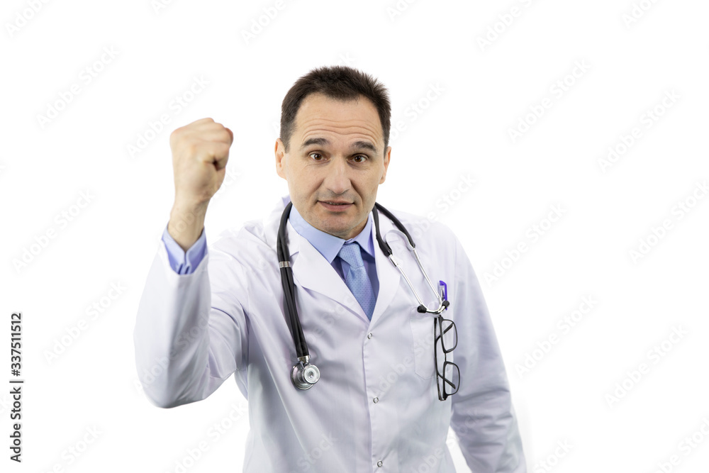 Middle-aged handsome doctor in white coat and stethoscope annoyed and frustrated shouting with anger with raised fist, isolated white background, medical warning, threat concept Middle-aged handsome doctor in white coat and stethoscope annoyed and frustrated shouting with anger with raised fist, isolated white background, medical warning, threat concept