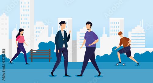 urban scene with young people walking vector illustration design