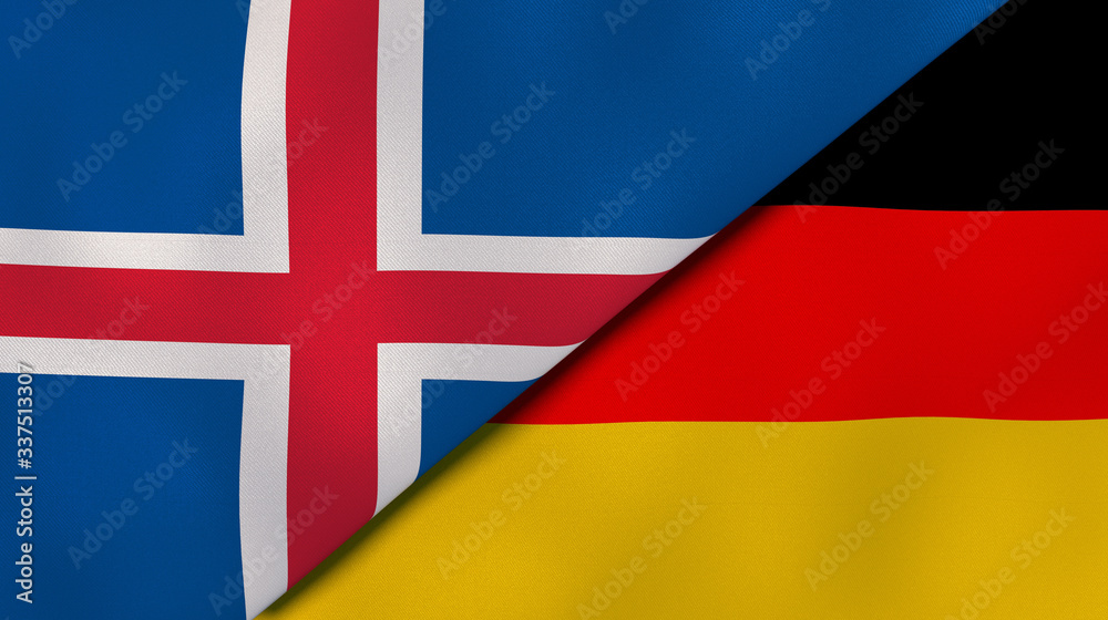 Fototapeta premium The flags of Iceland and Germany. News, reportage, business background. 3d illustration