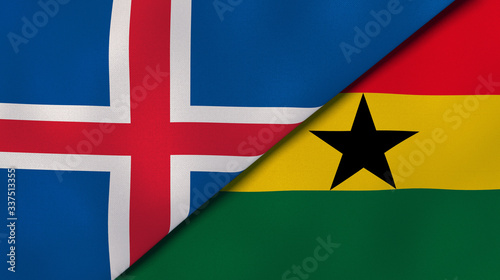 The flags of Iceland and Ghana. News, reportage, business background. 3d illustration