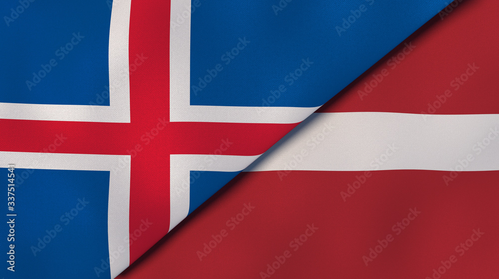 Fototapeta premium The flags of Iceland and Latvia. News, reportage, business background. 3d illustration
