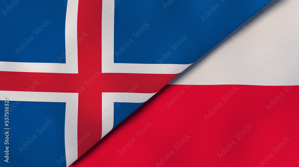The flags of Iceland and Poland. News, reportage, business background. 3d illustration
