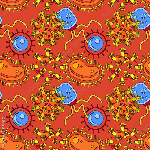 Viruses on orange backdrop. Germs seamless pattern for wrapping paper, sleeper, pillowcase or bed linen, bath tile. Social banner, phone case or cloth print. Minimal style stock vector illustration
