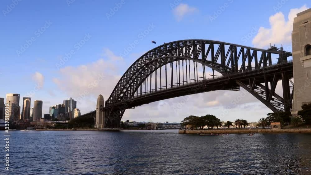 Sydney city CBD landmark buildings on Harbour waterfront in wide panoramic panning.
Sydney city CBD landmark buildings on Harbour waterfront in wide panoramic panning.