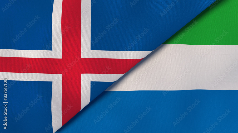 Fototapeta premium The flags of Iceland and Sierra Leone. News, reportage, business background. 3d illustration