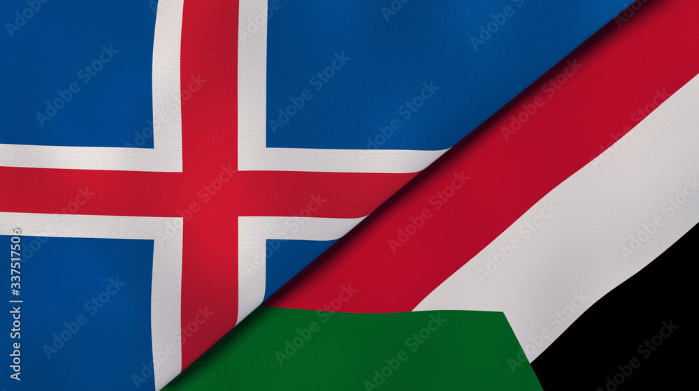 The flags of Iceland and Sudan. News, reportage, business background. 3d illustration