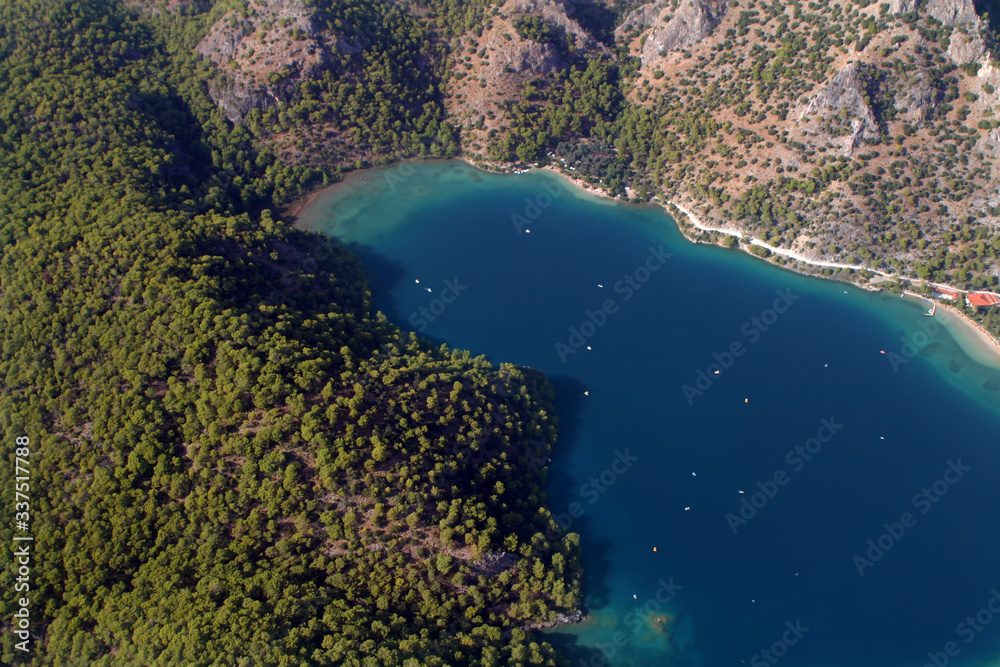 Aerial view of Fethiye Beach in Fethiye, Turkey.
