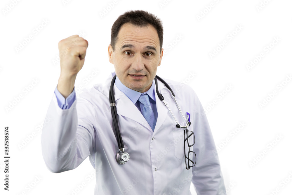 Serious female doctor in white medical coat and stethoscope imitates gun shoot killing herself pointing hand and fingers to temples making pistol gesture. Overworked medical worker, burnout nurse Serious female doctor in white medical coat and stethoscope imitates gun shoot killing herself pointing hand and fingers to temples making pistol gesture. Overworked medical worker, burnout nurse