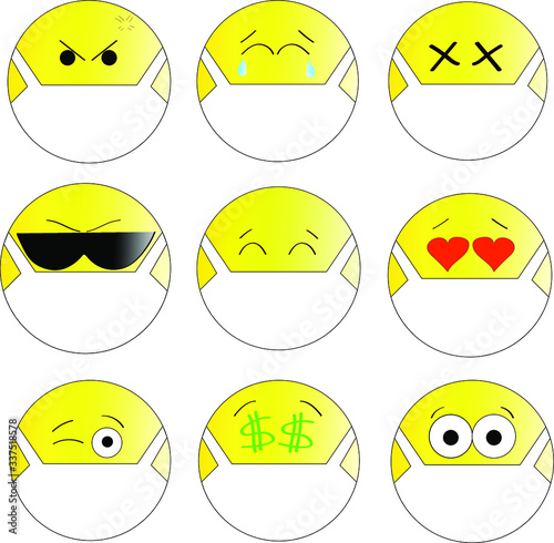 set of yellow smileys stickers in masks from coronavirus