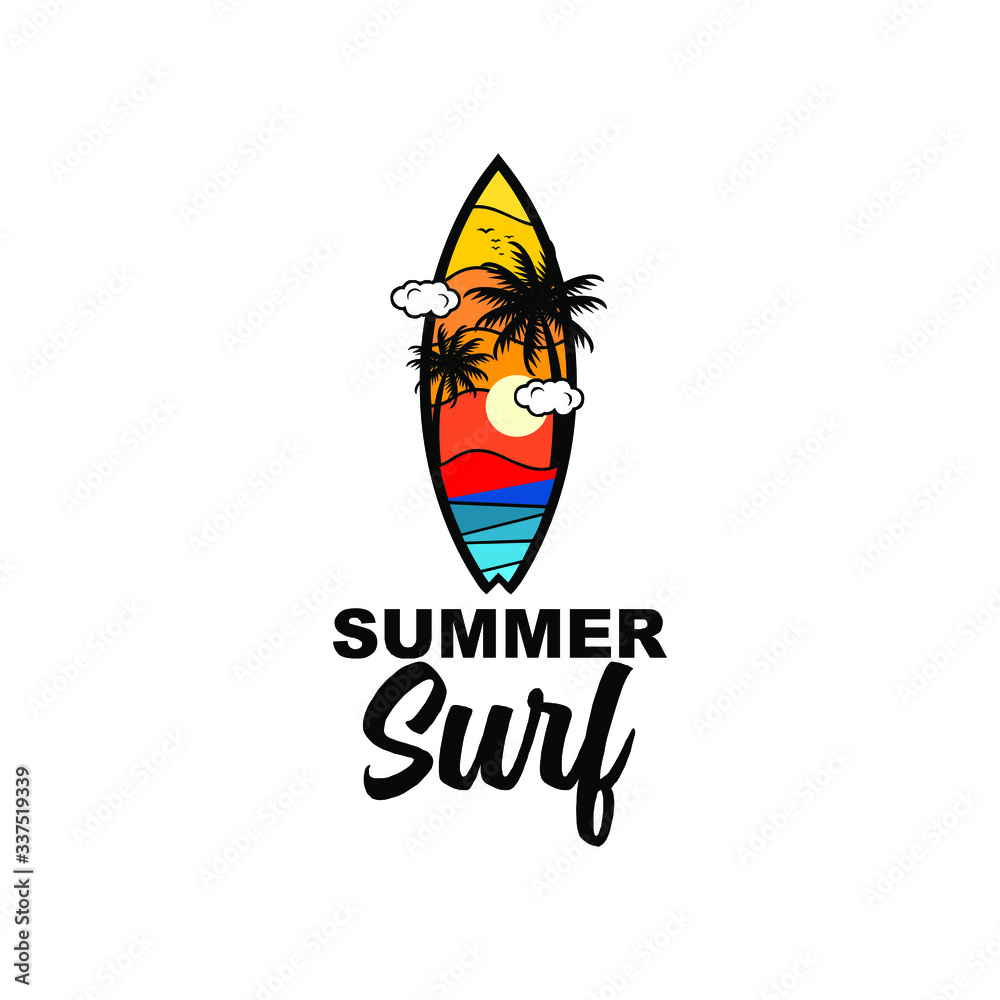 summer sunset surf board logo design