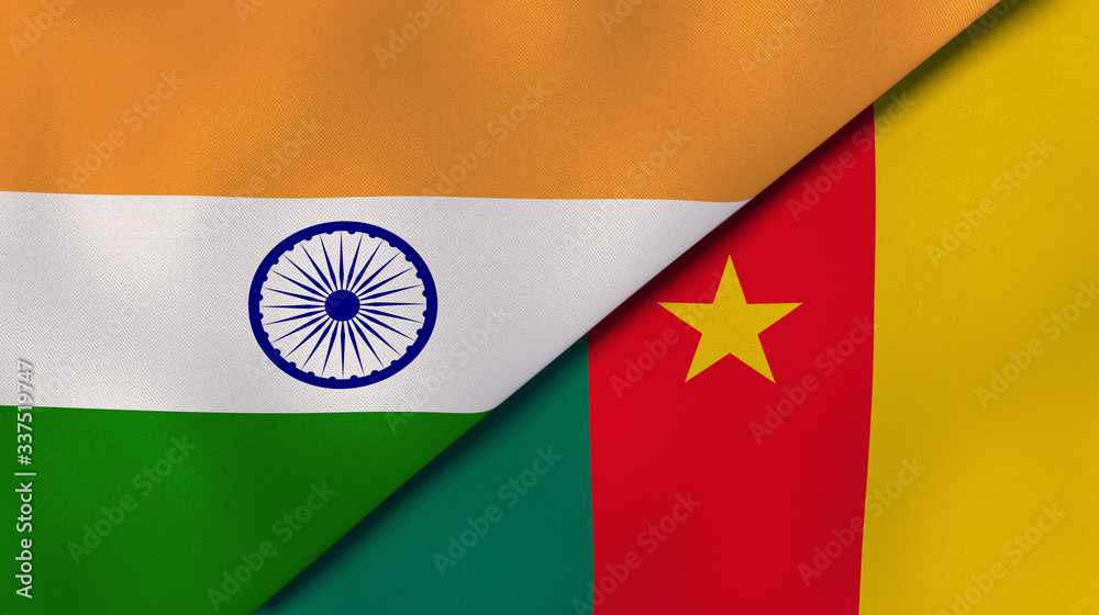 Obraz premium The flags of India and Cameroon. News, reportage, business background. 3d illustration