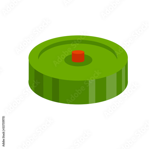 Mine. Green bomb. Element of minefield. Military operations and war zone. Red button of detonator. Round object in isometic view. Cartoon flat illustration