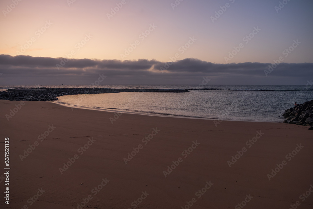 Caleta de Fuste, Antigua, Canary Islands - october 2019: La Guirra beach at sunrise