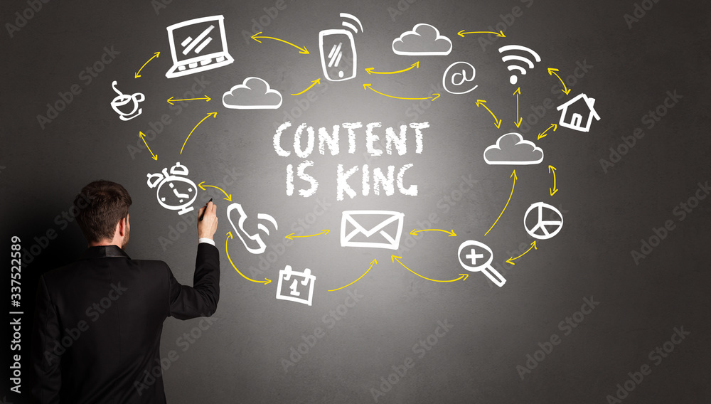 businessman drawing social media icons with CONTENT IS KING inscription, new media concept