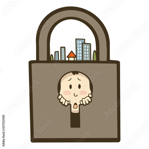 鍵穴から心配そうに外をのぞく人　ロックダウンの街並み