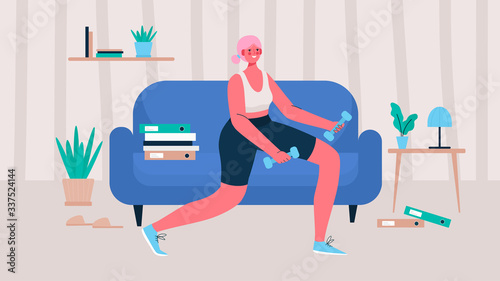 Woman in sportswear doing lunges with dumbbells at home. Woman doing workout indoor. Woman activities. Sport Healthy lifestyle, Fitness , Wellness Concept. Cartoon flat vector illustration.