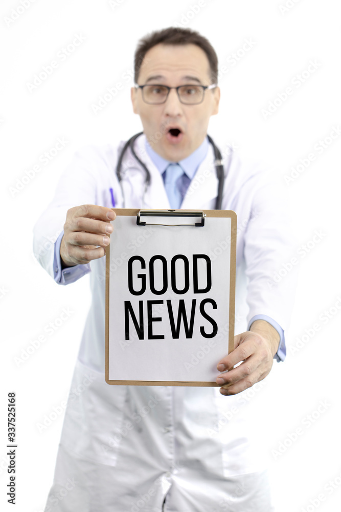 Surprised male senior age doctor in medical coat shows clipboard with inscription Good news, isolated white background. Treatment methods, vaccine, medical news, stop coronavirus pandemic concept Surprised male senior age doctor in medical coat shows clipboard with inscription Good news, isolated white background. Treatment methods, vaccine, medical news, stop coronavirus pandemic concept