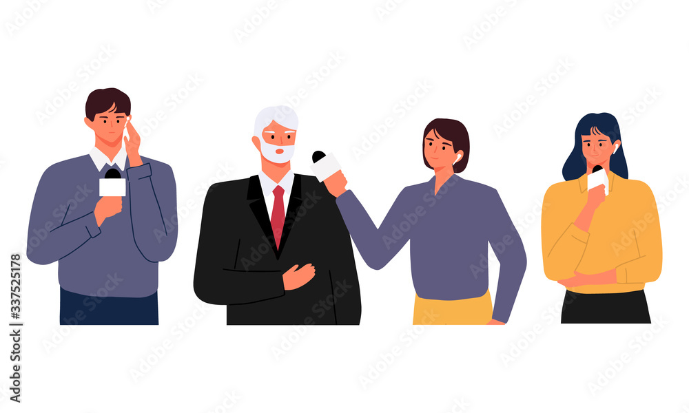 set of people doing journalist activities and reporter holding microphone cartoon character illustration set of people doing journalist activities and reporter holding microphone cartoon character illustration