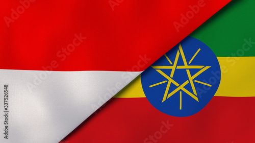 The flags of Indonesia and Ethiopia. News, reportage, business background. 3d illustration
