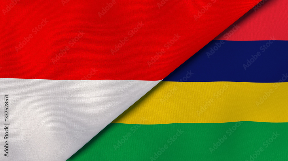 The flags of Indonesia and Mauritius. News, reportage, business background. 3d illustration