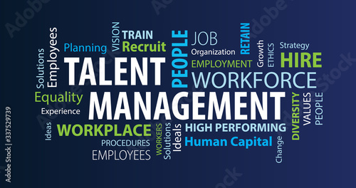 Talent Management Word Cloud on a Blue Background