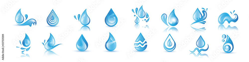 Water Splash Vector And Drop Set - Isolated On White. Vector Collection Of Flat Water Splash and Drop Logo. Icons For Droplet, Water Wave, Rain, Raindrop, Company Logo And Bubble Design Water Splash Vector And Drop Set - Isolated On White. Vector Collection Of Flat Water Splash and Drop Logo. Icons For Droplet, Water Wave, Rain, Raindrop, Company Logo And Bubble Design