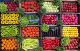 High Angle View Of Various Vegetables And Fruits For Sale At Market Stall