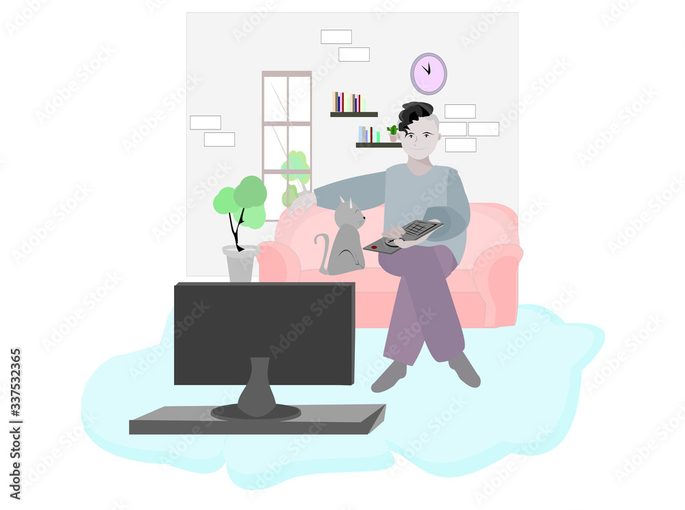 Activities when staying at home. A man watching tv in house. People illustration on isolate white background. Cartoon character person flat design . Activities when staying at home. A man watching tv in house. People illustration on isolate white background. Cartoon character person flat design .