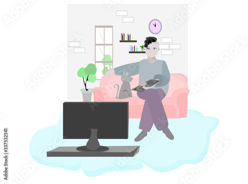 A man watching tv in house. Vector people illustration on isolate white background. Cartoon character person flat design .