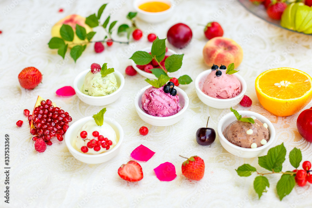 ice cream with fruits and different flavors (pistachio, chocolate, vanilla, cream) ice cream with fruits and different flavors (pistachio, chocolate, vanilla, cream)