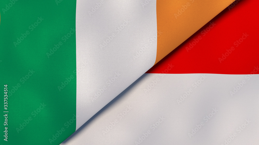 The flags of Ireland and Indonesia. News, reportage, business background. 3d illustration