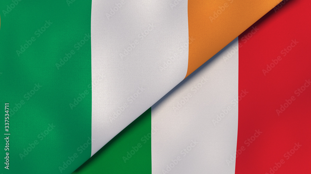The flags of Ireland and Italy. News, reportage, business background. 3d illustration