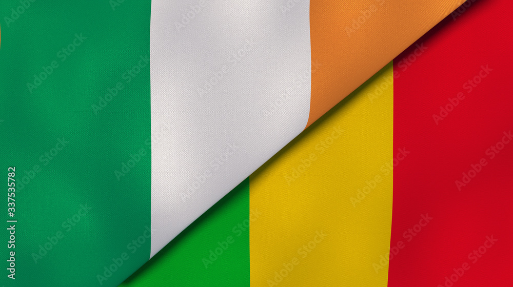 Fototapeta premium The flags of Ireland and Mali. News, reportage, business background. 3d illustration