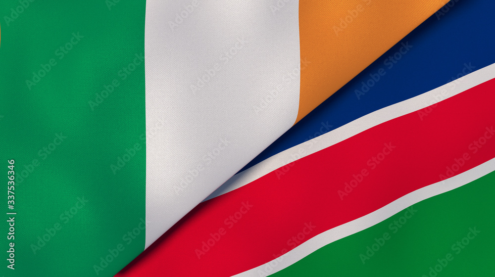 The flags of Ireland and Namibia. News, reportage, business background. 3d illustration