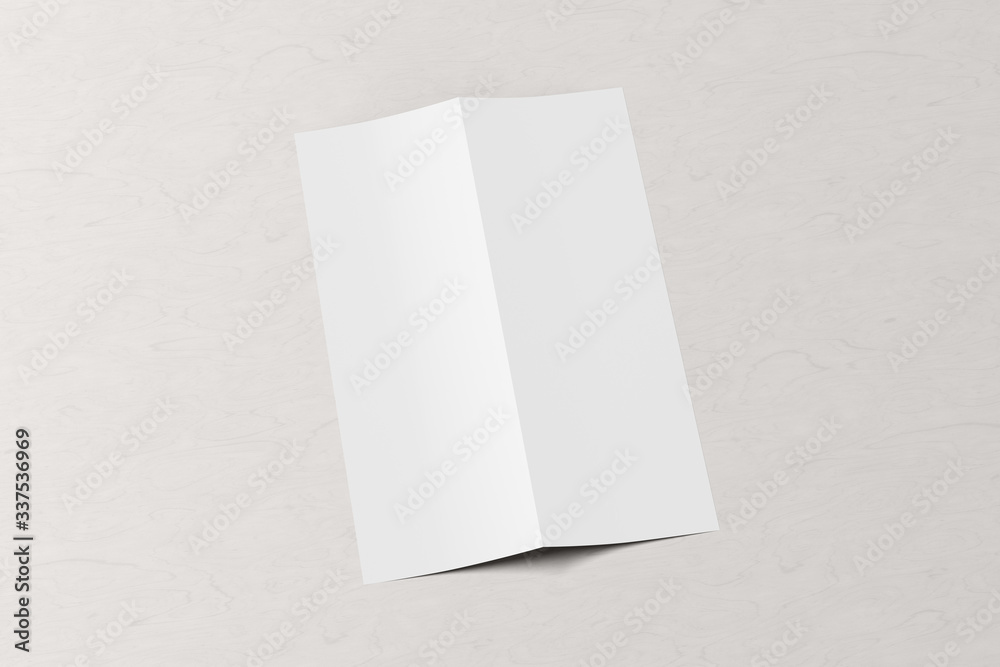 Blank vertical A4 leaflet cover on white wooden background. Bi-fold or half-fold opened brochure isolated with clipping path. Side view. 3d illustration Blank vertical A4 leaflet cover on white wooden background. Bi-fold or half-fold opened brochure isolated with clipping path. Side view. 3d illustration