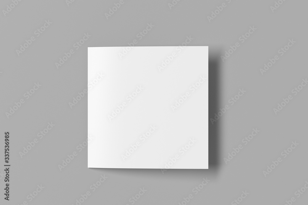 Blank square pages leaflet on gray background. Bi-fold or half-fold closed brochure isolated with clipping path. View directly above. 3d illustration - obrazy, fototapety, plakaty 