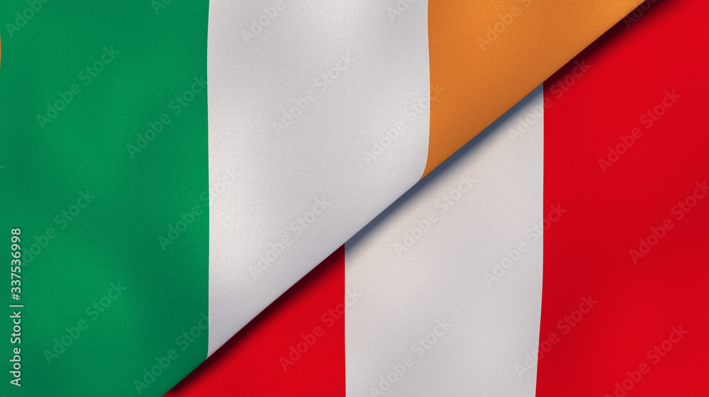 The flags of Ireland and Peru. News, reportage, business background. 3d illustration