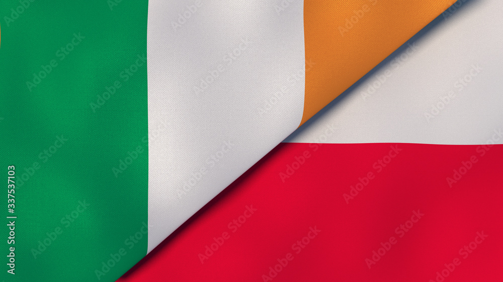The flags of Ireland and Poland. News, reportage, business background. 3d illustration