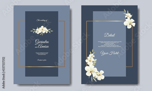 Elegant wedding invitation card template design with golden frame and leaves Premium Vector