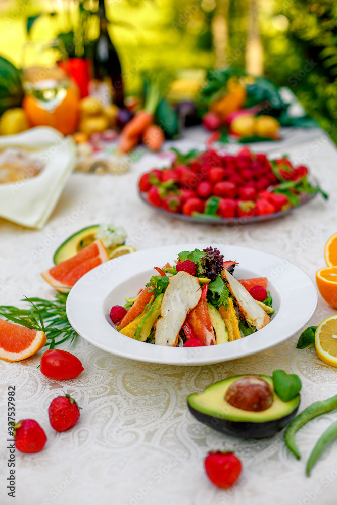 salad with chicken vegetables and herbs, healthy food on the table salad with chicken vegetables and herbs, healthy food on the table