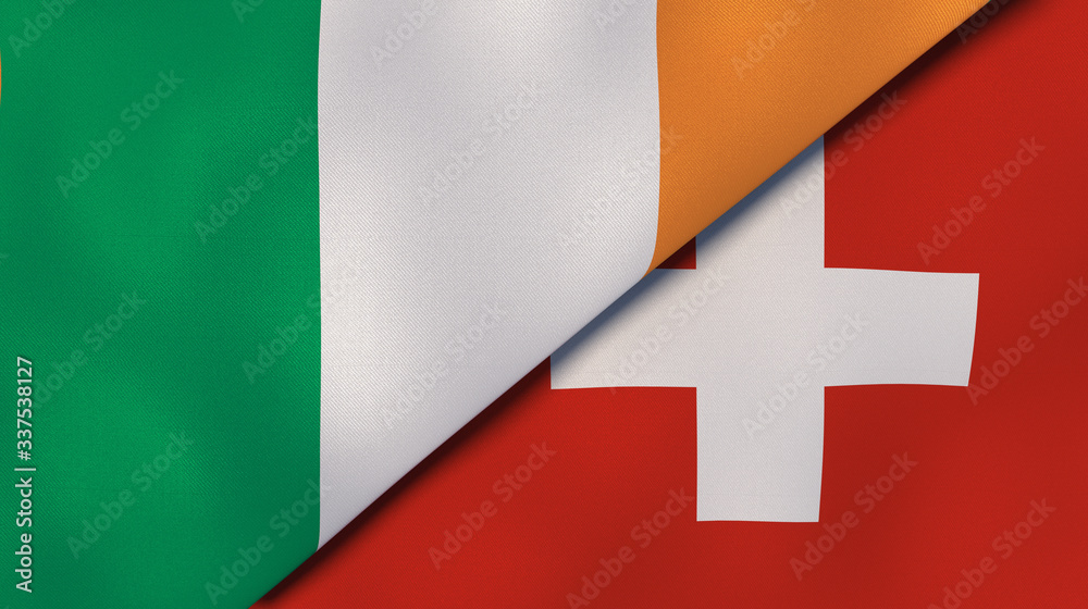 The flags of Ireland and Switzerland. News, reportage, business background. 3d illustration