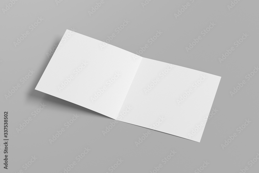 Blank square pages leaflet on gray background. Bi-fold or half-fold opened brochure isolated with clipping path. Side view. 3d illustration Blank square pages leaflet on gray background. Bi-fold or half-fold opened brochure isolated with clipping path. Side view. 3d illustration