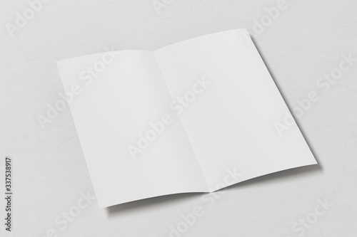 Blank square leaflet on white wooden background. Bi-fold or half-fold opened brochure isolated with clipping path. Side view. 3d illustration © dimamoroz