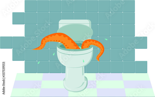 illustration of a bathroom with monster coming out of toilet bowl