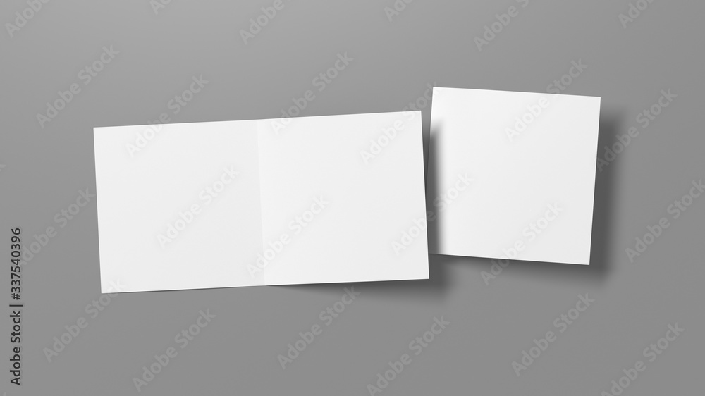 Blank square pages leaflet on gray background. Bi-fold or half-fold opened and folded brochure isolated with clipping path. View directly above. 3d illustration Blank square pages leaflet on gray background. Bi-fold or half-fold opened and folded brochure isolated with clipping path. View directly above. 3d illustration
