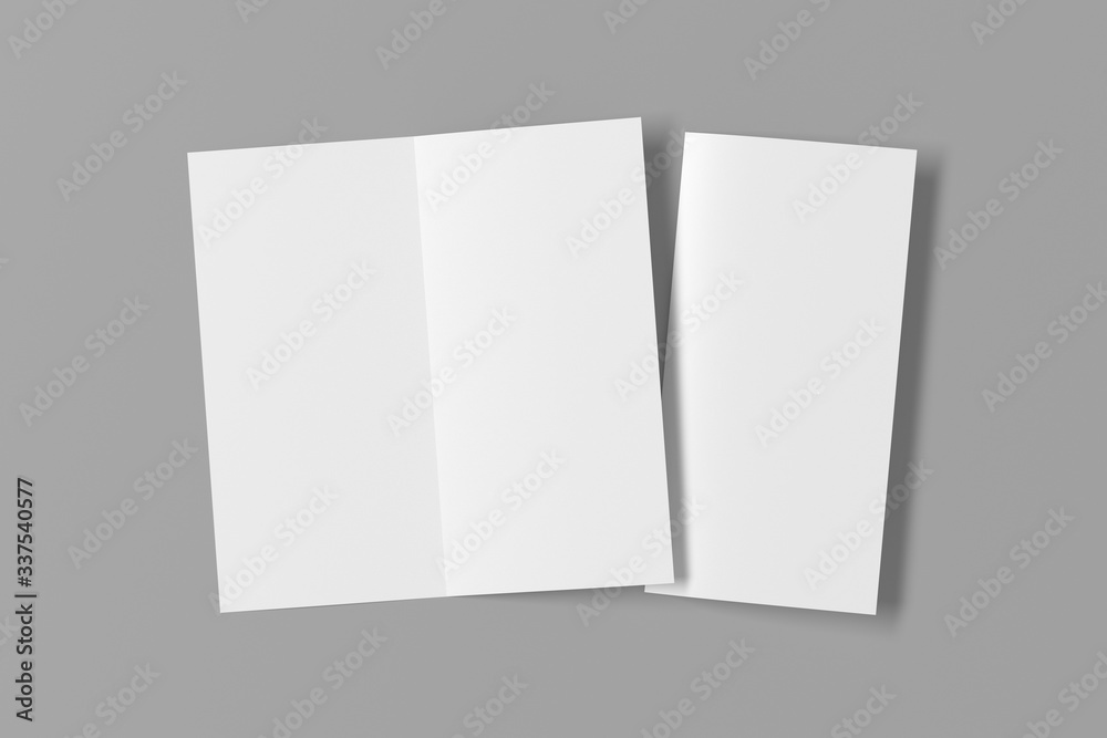 Blank square leaflet on gray background. Bi-fold or half-fold opened and folded brochure isolated with clipping path. View directly above. 3d illustration Blank square leaflet on gray background. Bi-fold or half-fold opened and folded brochure isolated with clipping path. View directly above. 3d illustration